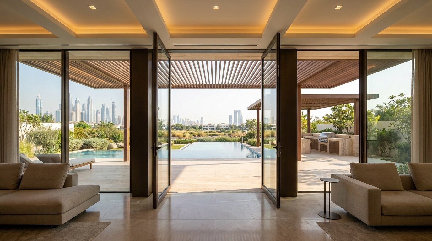 Indoor Outdoor Villa Design in Dubai: Pivot Doors, Courtyards, Pools, and Shade visual reference 1 showing Dubai villa living room opening through pivot doors to an infinity pool and shaded terrace