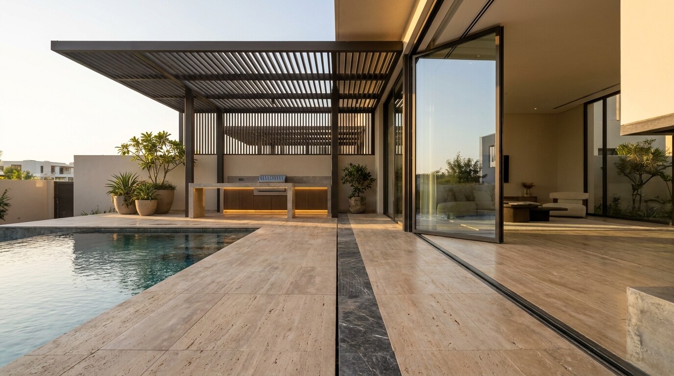 Indoor Outdoor Villa Design in Dubai: Pivot Doors, Courtyards, Pools, and Shade visual reference 2 showing outdoor material detail showing pool edge, drainage slot, travertine deck, and pergola shadow