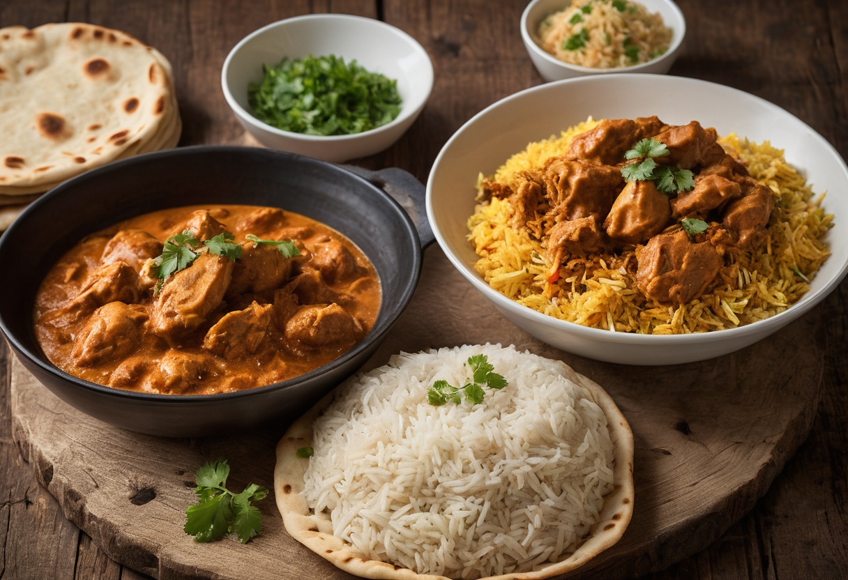 Indian curry, biryani and naan bread on a rustic table